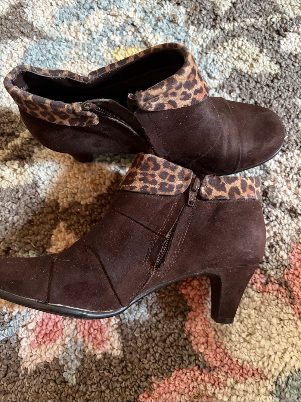 AEROSOLES Brown Suede Ankle Booties with Leopard Collar
